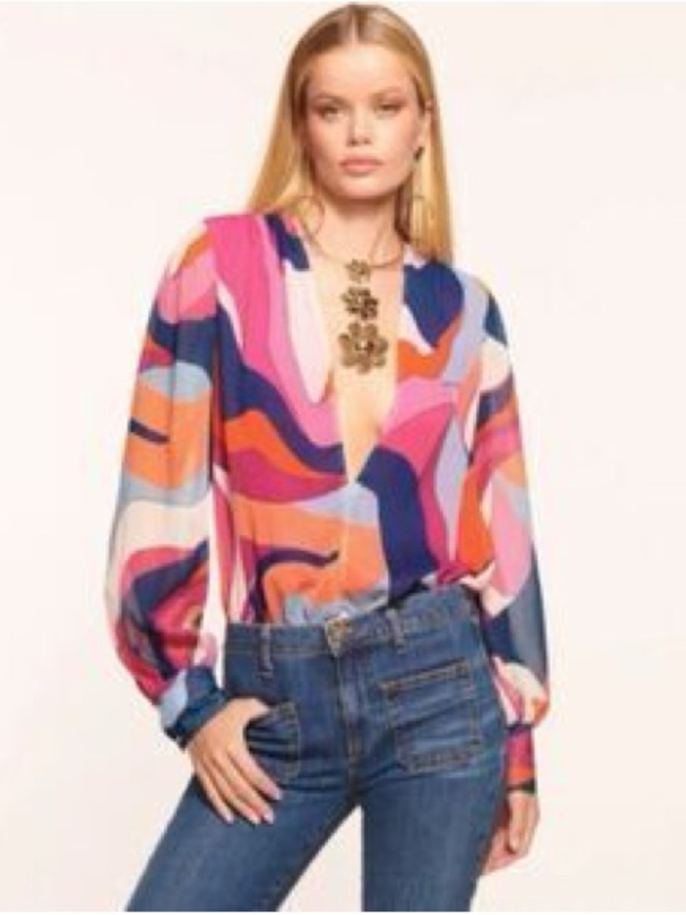 Ramy Brook Vibrant Swirl Print Long-Sleeve V-Neck Blouse - Pink Multi